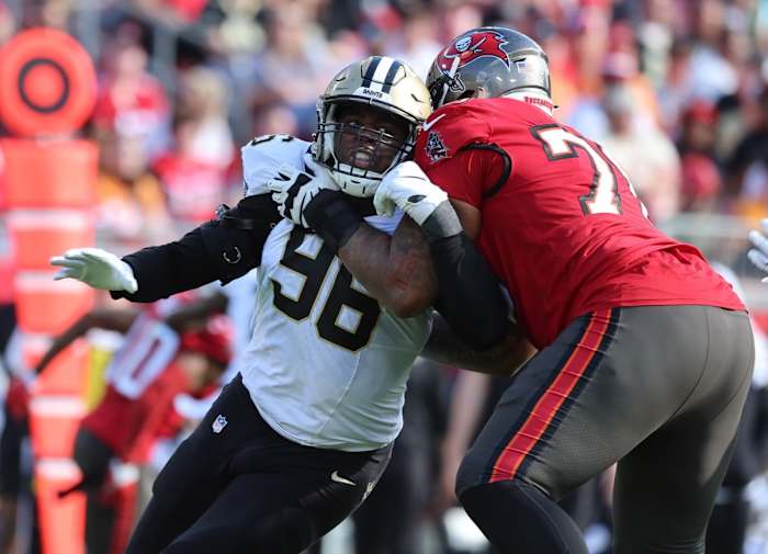 New Orleans Saints defensive end Carl Granderson (96) rushes as Tampa Bay Buccaneers offensive tackle Tristan Wirfs (78) blocks. Mandatory Credit: Kim Klement Neitzel-USA TODAY
